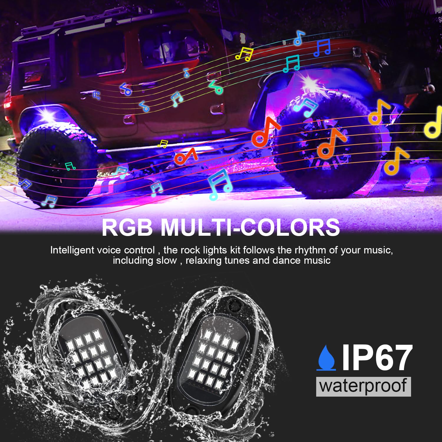 RGB LED Rock Lights Kit mit APP/Fernbedienung/Musikmodus, High Power Multicolor Neon Underglow Wheel Light Kompatibel mit Lastwagen Anhänger Boot SUV Off Road ATV UTV RZR (4 Pods)