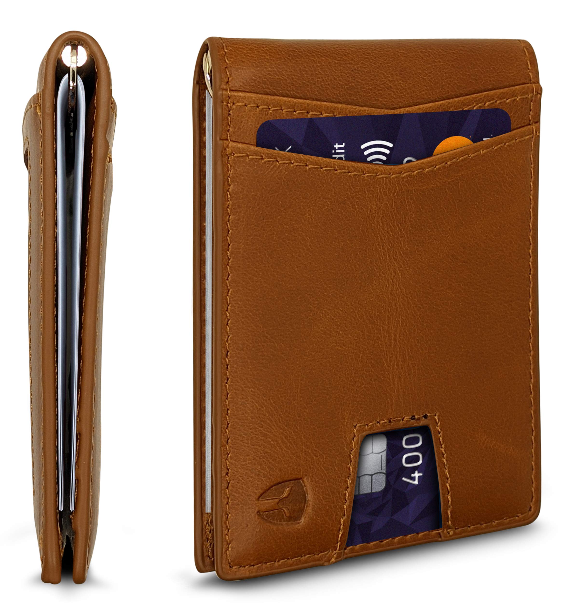 RFID Blocking Slim Minimalist ID Outside Front Pocket Wallet, Money Clip, 9 Slots, Leather (Light Brown w/Pull Out Card Slot)-image-28