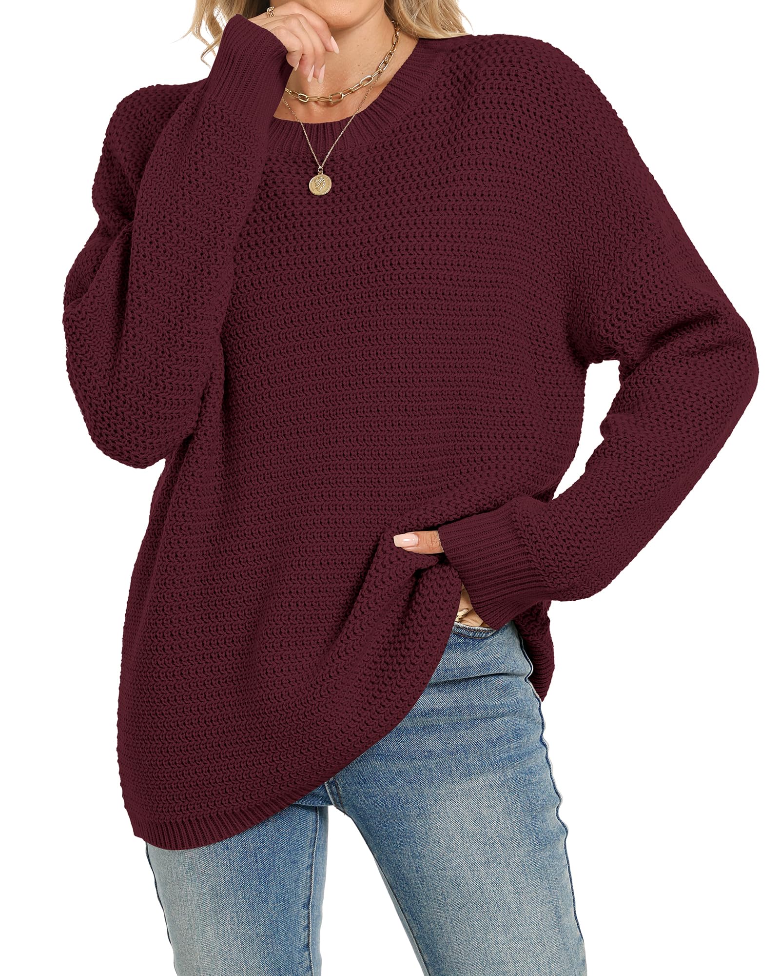 Womens 2025 Fall Sweaters Long Sleeve Chunky Knit Pullover Sweater Casual Crew Neck Oversized Sweaters