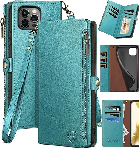 XcaseBar Funda tipo cartera para iPhone 13 Pro de 6.1 pulgadas con cremallera y tarjetero de crédito bloqueo RFID, funda de piel sintética con tapa