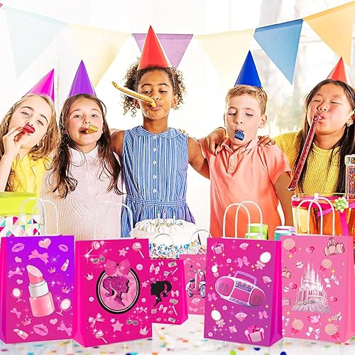 Miniatura 4 de Bolsas de fiesta rosas para niñas, bolsas de regalo de princesa, dulces, golosinas, bolsas de recuerdos de fiesta rosa intenso con asas para niñas,