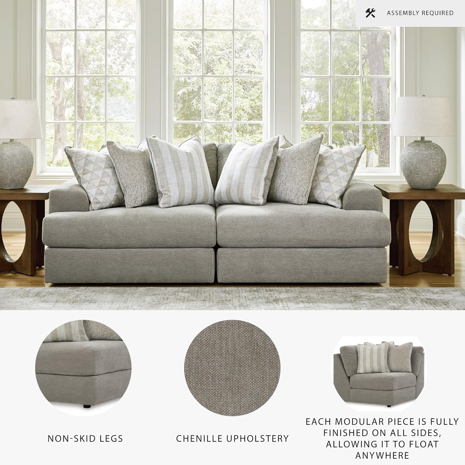 Signature Design by Ashley Avaliyah Casual Modular Chenille 2-Piece Sectional Loveseat with Reversible Cushions and 6 Accent Pillows, Beige