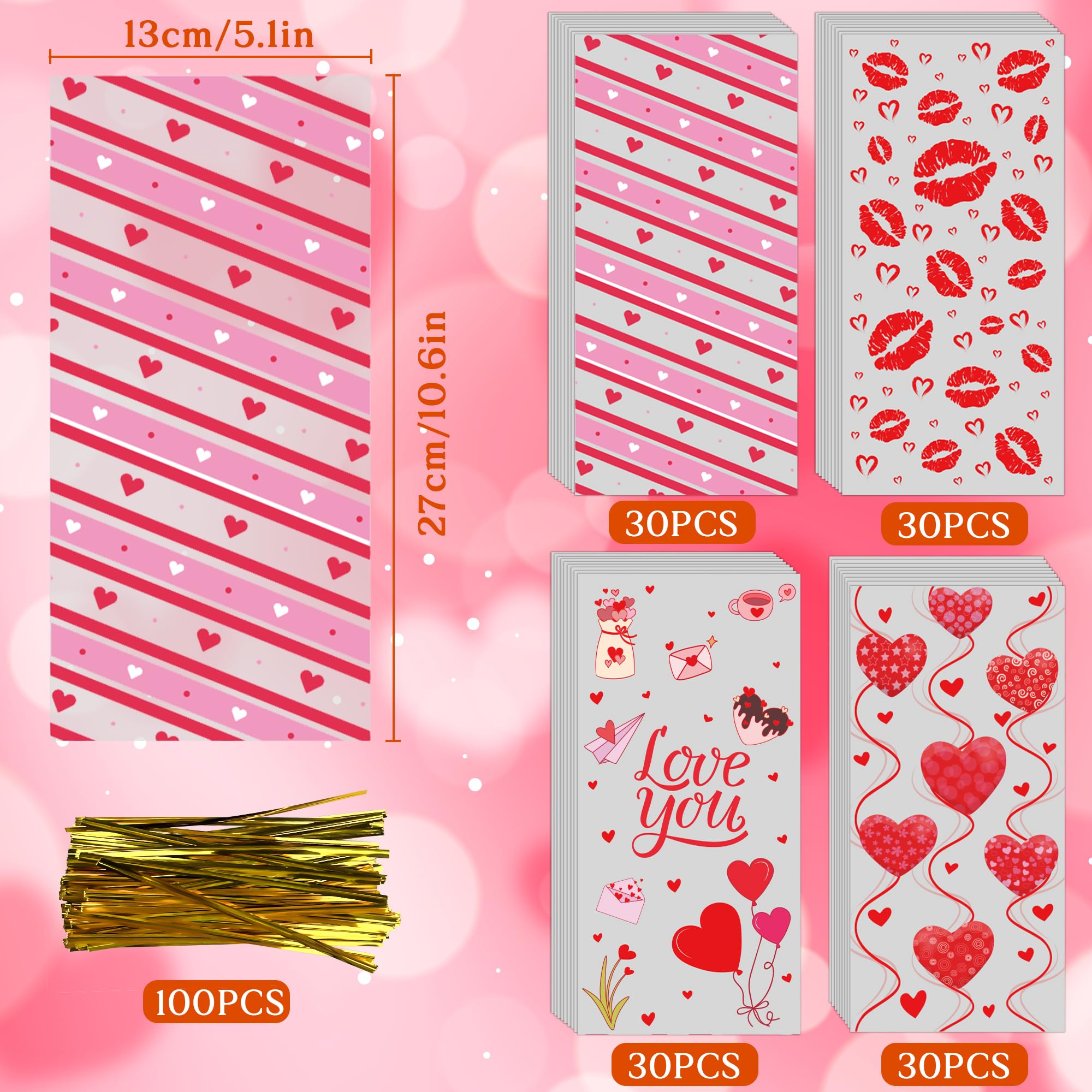 Valentines Gift Bags - 120 PCS Heart Kiss Cellophane Candy Treat Goodie Bags for Kids | Snack Cookie Stocking Stuffers Gift Basket -Valentines Day Birthday Party Favors Decorations Supplies Decor