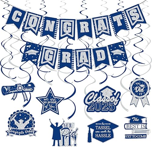 Miniatura 7 de Cartel de felicitación de graduación azul y amarillo y espirales colgantes de graduación 2023, letrero de felicitaciones para graduado de