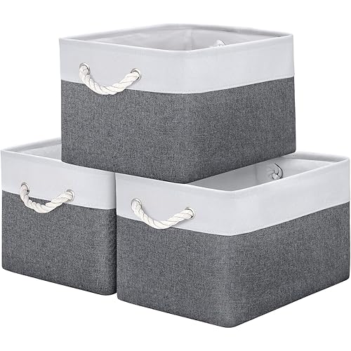 WISELIFE Storage Basket Bins [3-Pack] - Large Collapsible Storage Cubes Organizer for Shelf Closet Bedroom, Perfect Storage Box with Handles（Grey Patchwork, 15" x 11" x 9.5"）