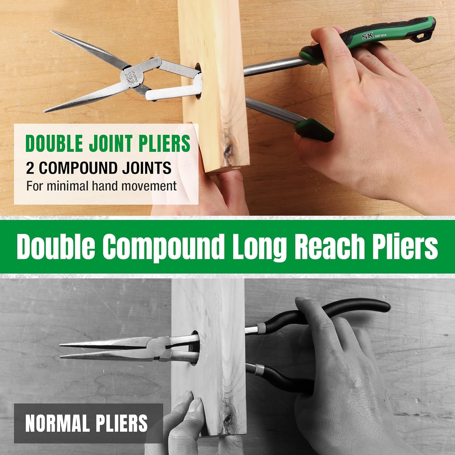 SK 2-Piece Double Compound Long Reach Pliers Set, 13-Inch Straight Long Nose Pliers, 45° Bent Nose, with Comfort Grips, Premium CR-V Steel Construction