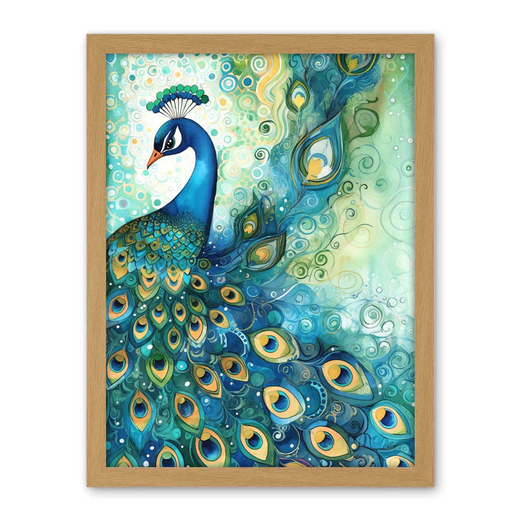 Artery8 Peacock Bird Concept Folk Art Watercolour Painting Artwork Framed Wall Art Print 18X24 Inch