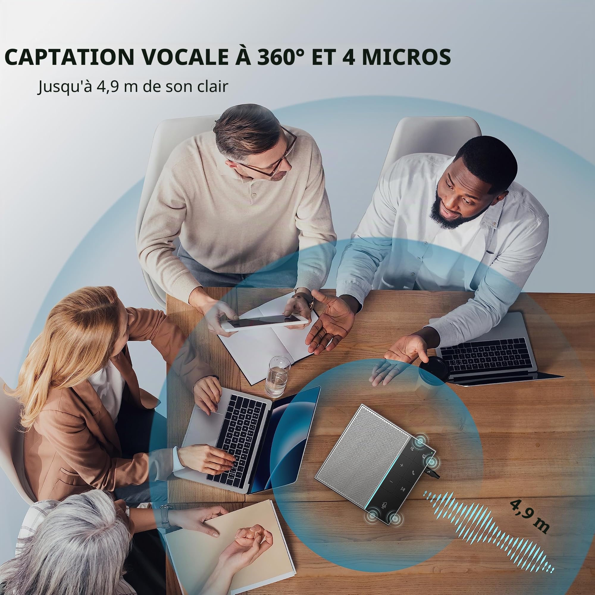 HiDock Haut-parleur de conférence avec sourdine/projet, capture vocale améliorée et suppression du bruit en duplex intégral, microphone USB-C omnidirectionnel pour réunions de bureau à domicile – Gris