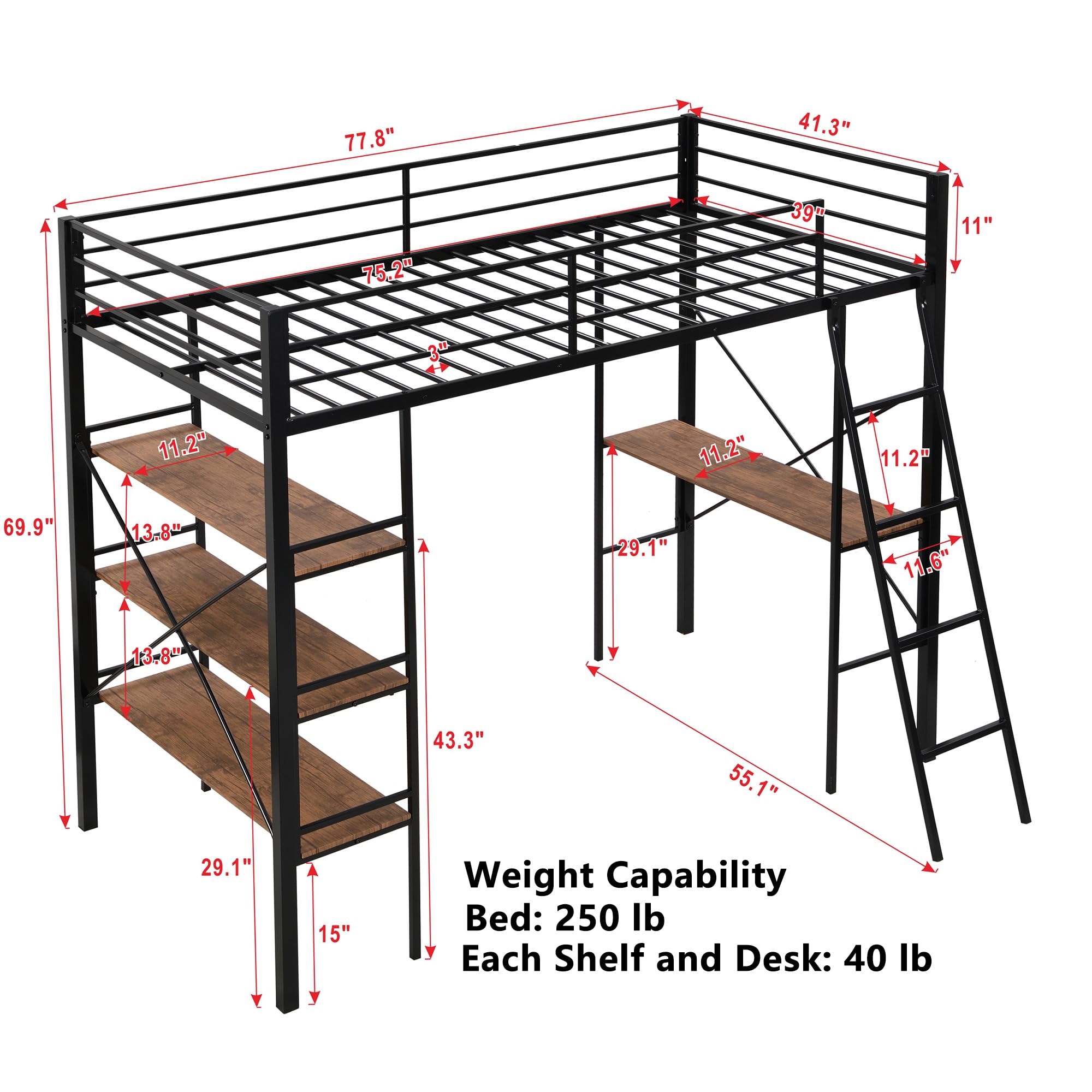 Twin Loft Bed with Desk and Storage Shelf, Heavy Duty Metal Loft Bed with 3-Tier Shelves and Full Length Guardrail, Twin Loft Bed for Kids, Teens, Black Loft Bed Twin Size