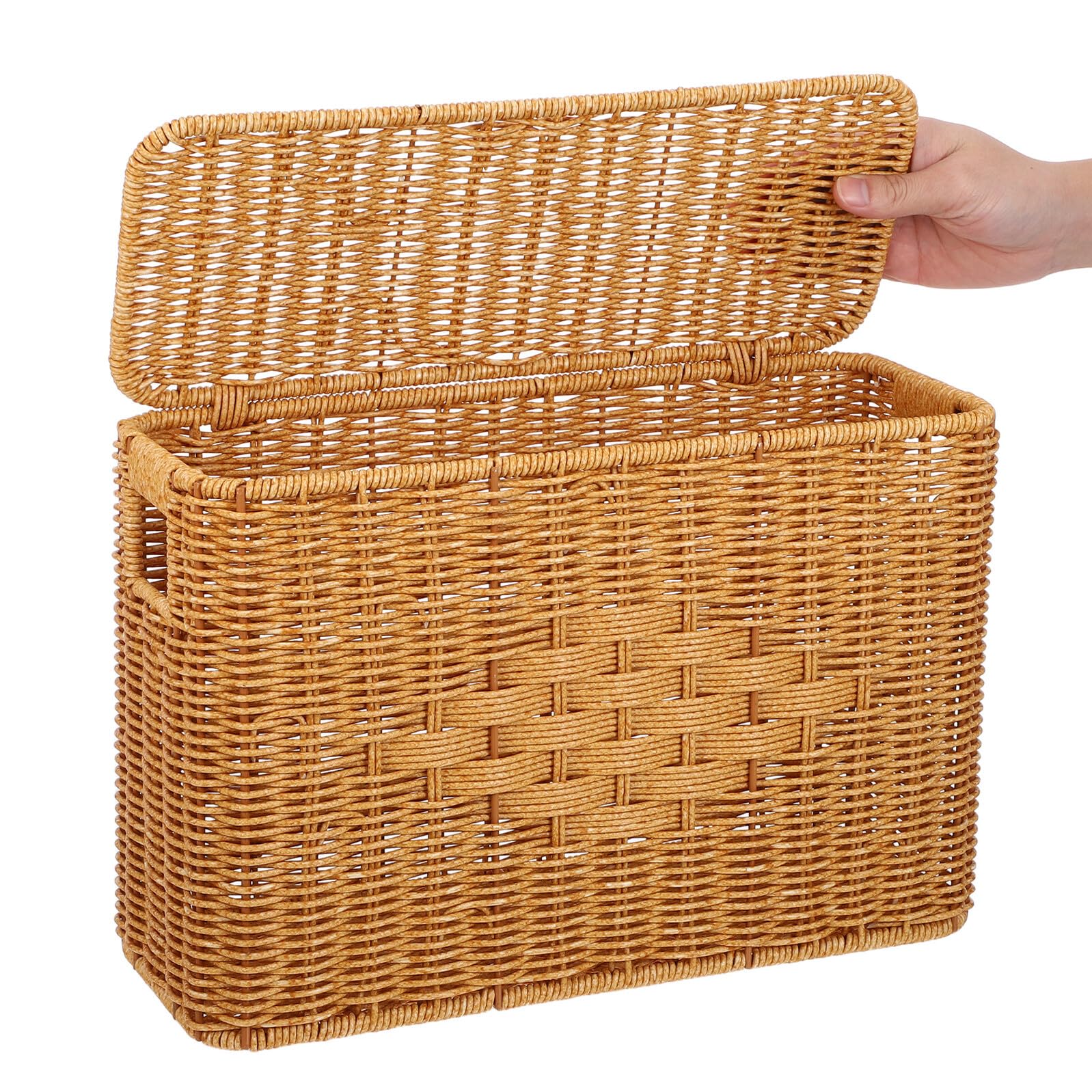 Rechteckiger Aufbewahrungskorb aus Imitationsrattan Schmal und Hoch mit Deckel Handgeflochtener Organizer für Küche Bad und Schreibtisch 37,8 X 26,4 X 14,9cm