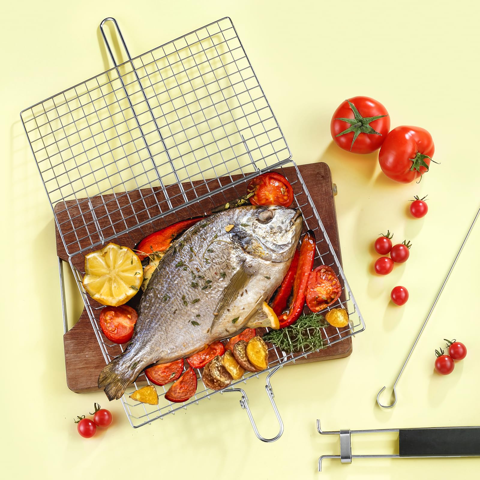 BEWOS Cestino per Grigliate di Pesce, Griglia Barbecue in Acciaio Inox con Borsa e Spazzola, Pieghevole e Portatile, Graticola per Barbecue con Manico Rimovibile per Bistecche di Pesce e Verdure