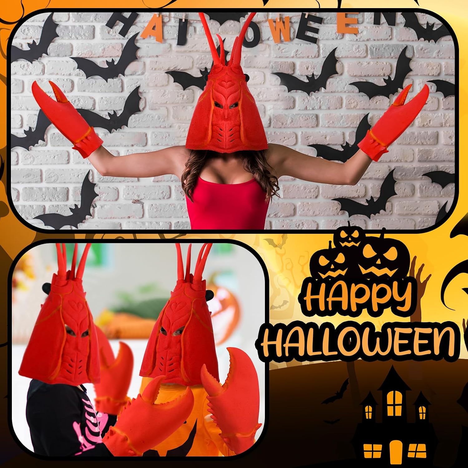 Newcotte 2 Pcs Crab Lobster Costume Set Funny Crab Lobster Hat Latex Giant Claws Gloves for Men Women Cosplay Party
