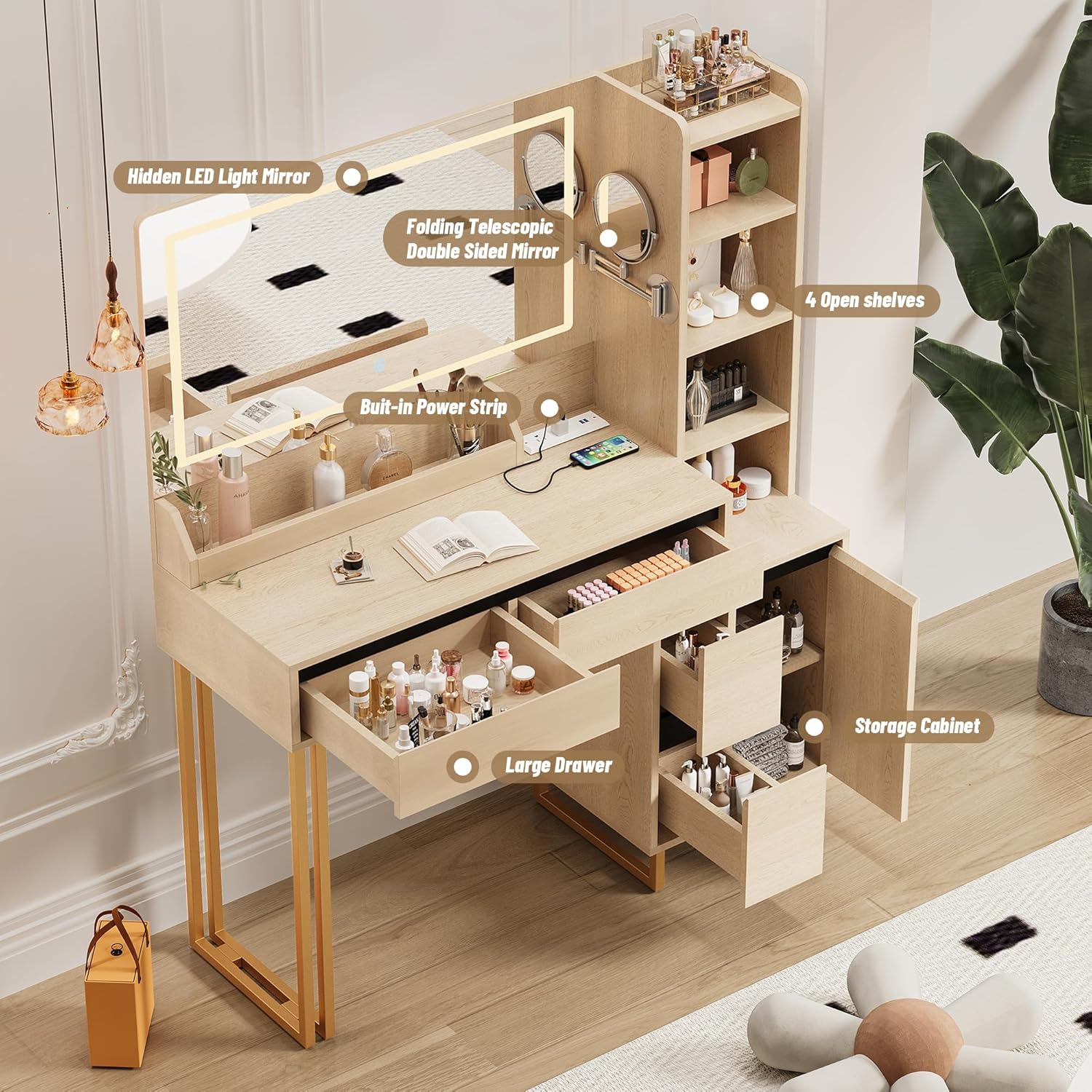 Vanity Desk, 41 Inch Makeup Vanity Table with Mirror Lights 10x Magnifying Mirror Charging Station Drawers Shelves Cabinet Adjustable 3 Color Brightness Dressing Table for Bedroom(Oak)