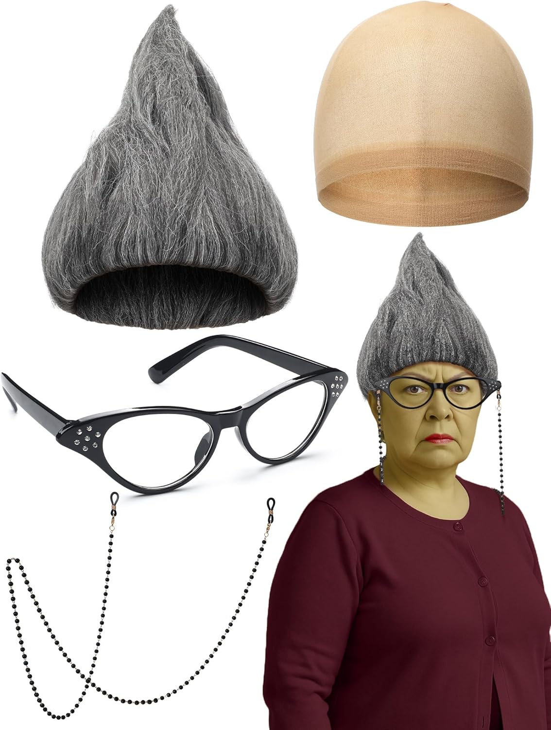 3 Pcs Halloween Slug Like Administrator Accessories Set Grey Flame Wig Cat Eyeglasses with Chain Beaded for Women