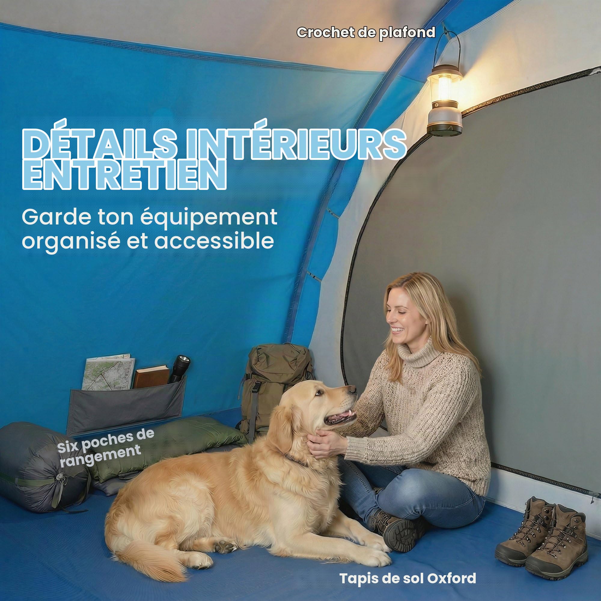 Outsunny Tente de Camping familiale pour 5 Personnes Pliable 3000mm Bleue | Tente tunnel de camping, 3 pièces, porte, 4 fenêtres, porche, sac imperméable, montage facile
