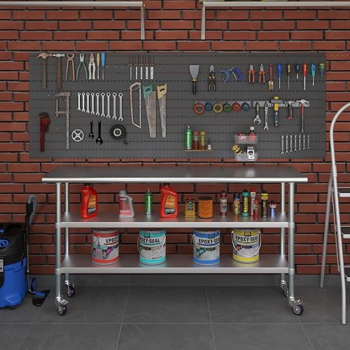 Miniatura 63 de AmGood Mesa de trabajo de acero inoxidable con 2 estantes y ruedas Mesa de trabajo de metal con ruedas