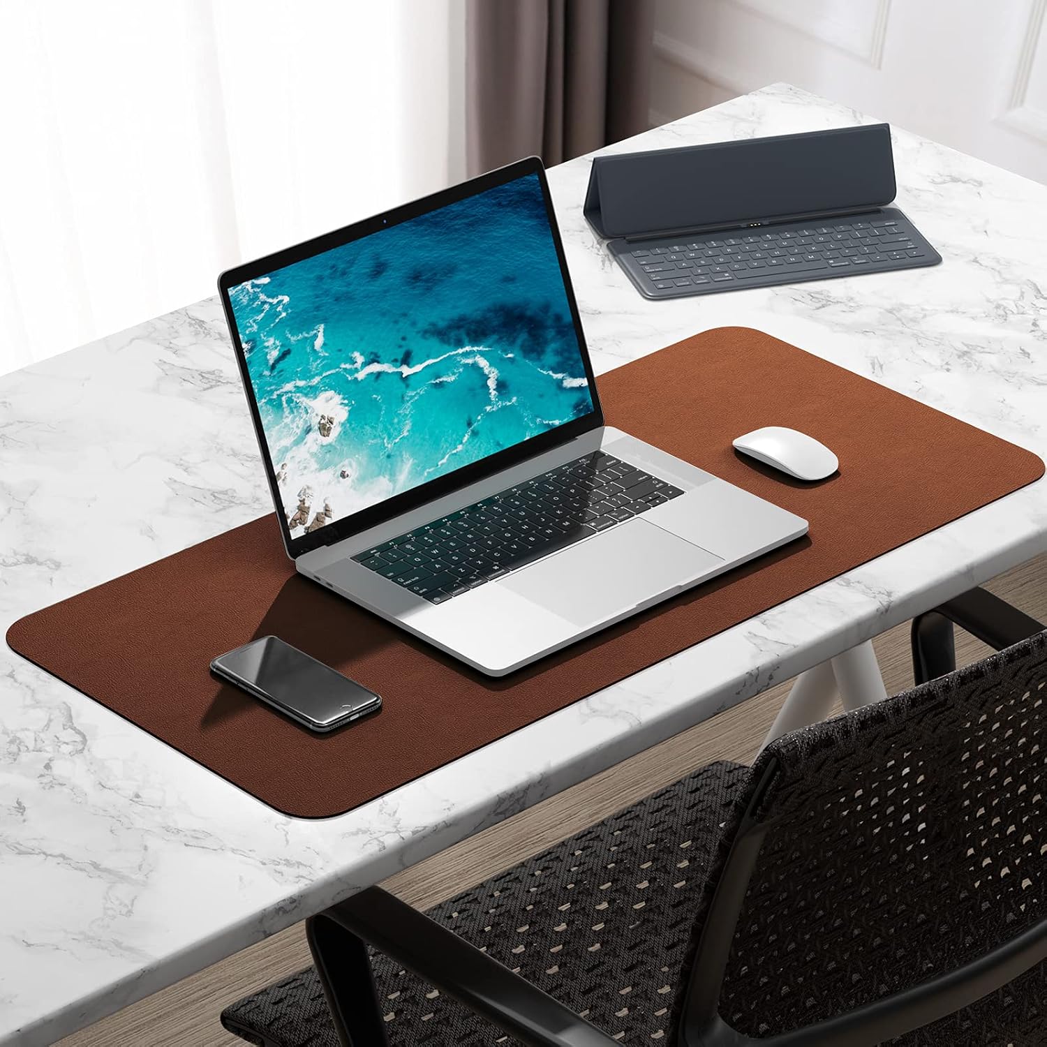 Hsurbtra Desk Pad, 30" x 14" PU Leather Desk Mat, XL Extended Mouse Pad, Waterproof Desktop Blotter Protector, Non-Slip Ultra Thin Large Laptop Keyboard Writing Mat for Office Home, Brown - 7