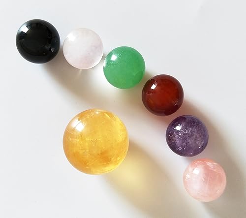 Miniatura 3 de Juego de 7 bolas de cristal de chakra natural, calcita amarilla, obsidiana negra, cuarzo rosa, cuarzo transparente, aventurina verde, amatista y