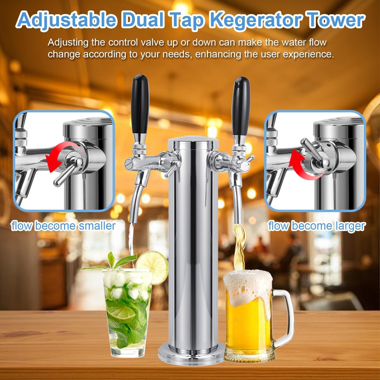 Torre Kegerator de doble grifo ajustable, torre de cerveza premontada, torre dispensadora de cerveza de acero inoxidable, llave de cerveza de cierre automático para piezas de Kegerator de cerveza