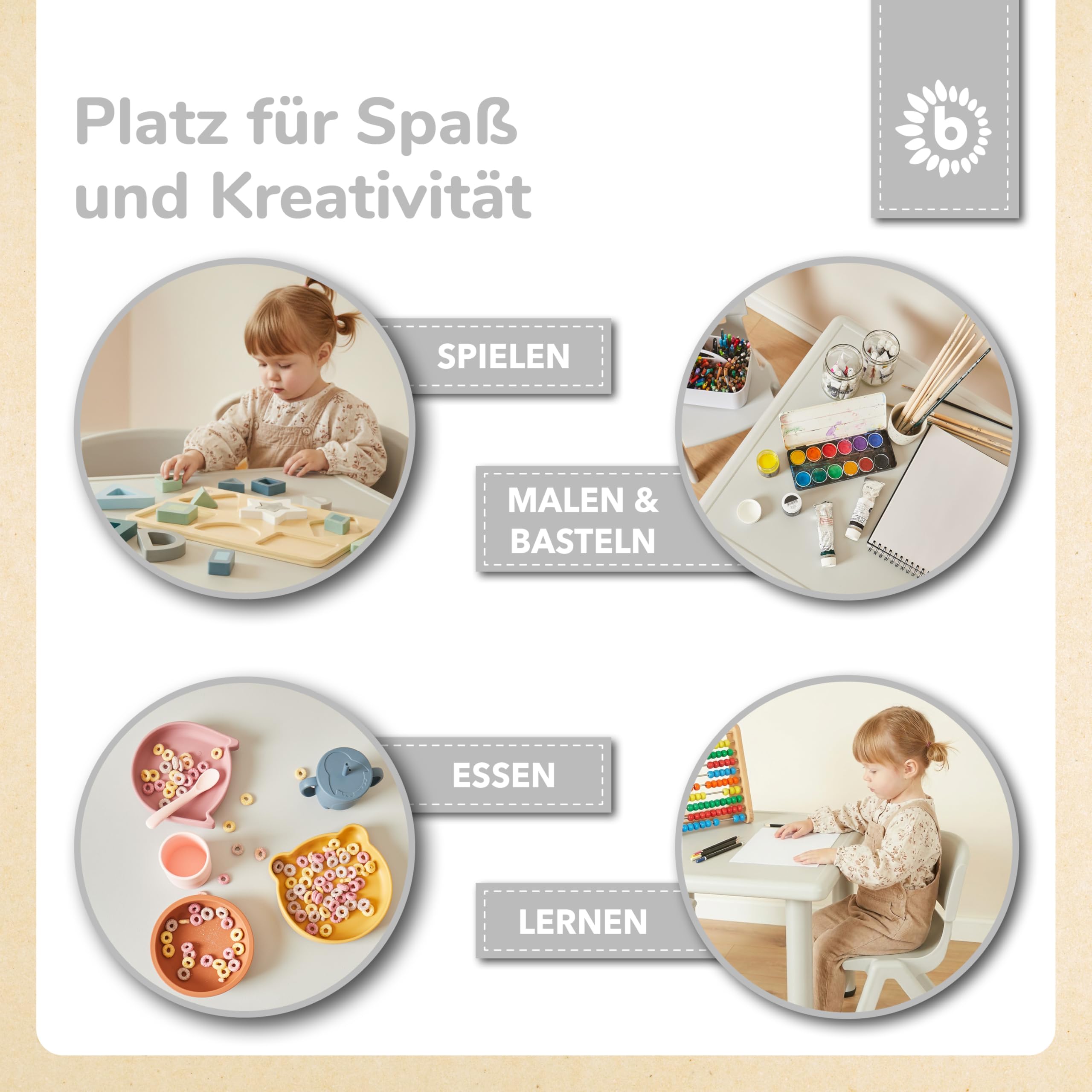 Bieco Kindertisch | Tisch für Kinder 1-8 Jahre | Kinder Tisch ca. 62x 62x 52 cm | Spieltisch höhenverstellbar | Maltisch, Kinderzimmer klein Schreibtisch | Eisgrau