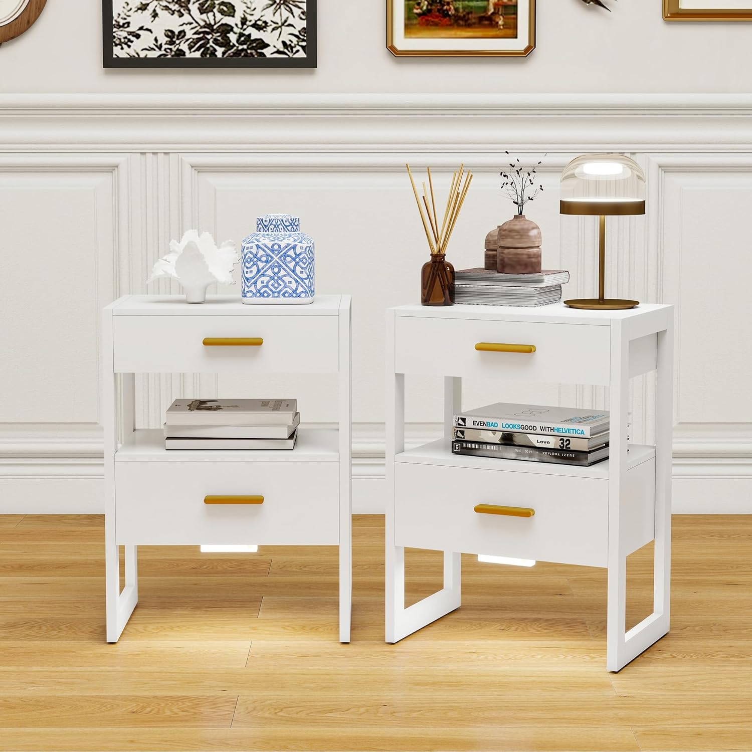 Nightstand with Motion Sensor Light，Small Night Stand End Table Side Furniture，2Drawers for Bedroom, Closet, Hallway, Sturdy Steel Frame，White,2PCS