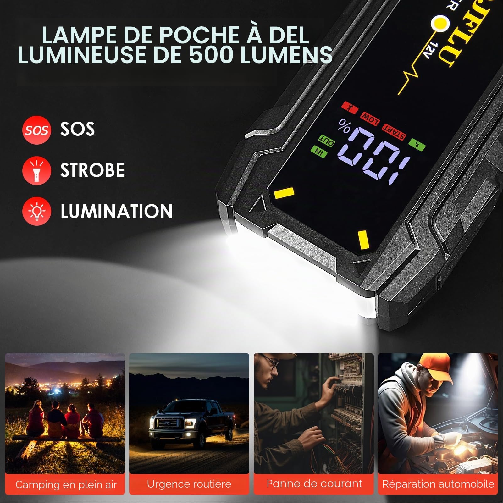 Démarreur de Voiture Portable HDJFLU 3000A (7,0 litres pour Le Moteur à Essence et 5,5 litres pour Le Moteur Diesel), Batterie de Voiture 12v, câble de démarrage Intelligent, éclairage