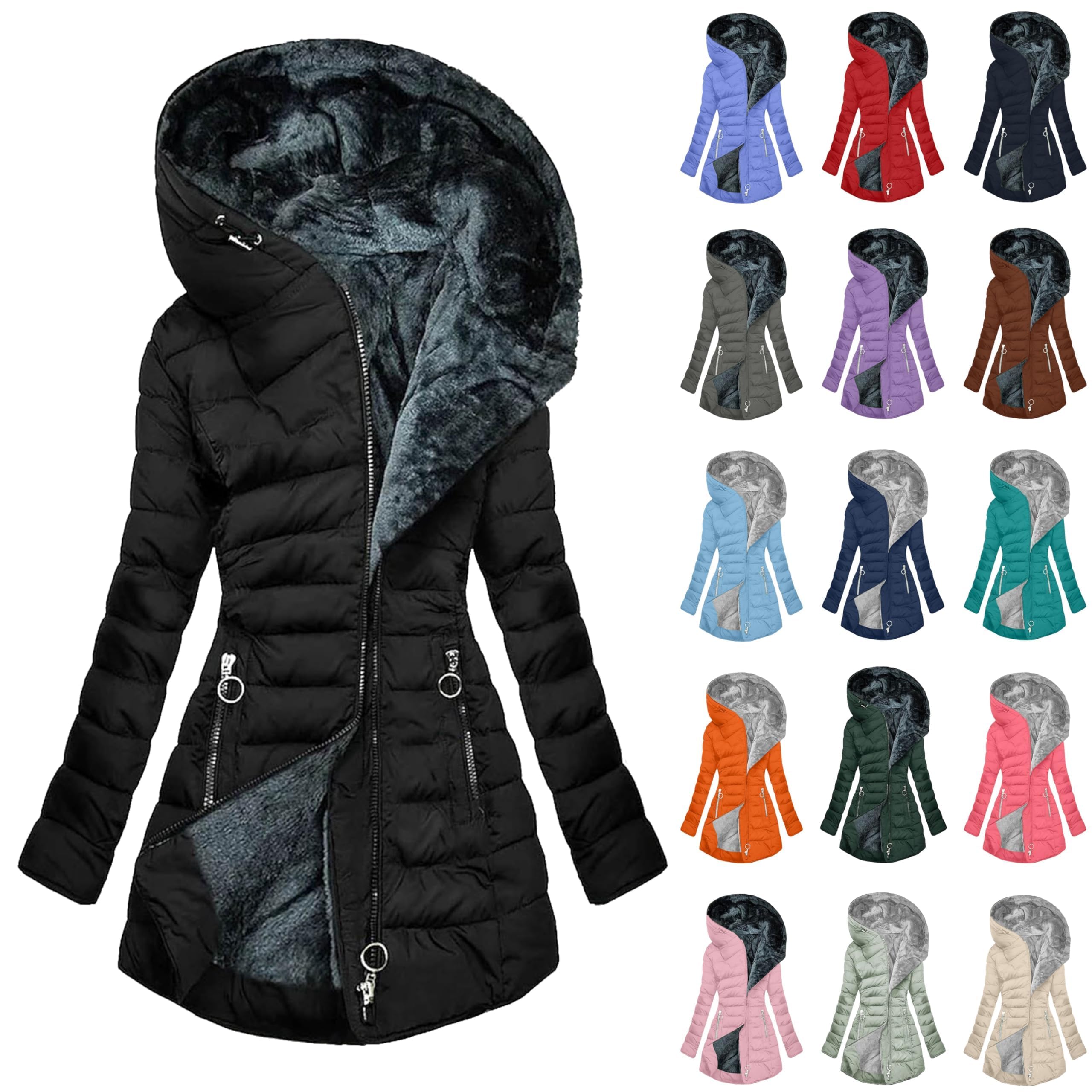 Generisch Winterjacke Damen Lang Steppjacke Warmer Gefüttert Fleece Daunenjacke Mit Kapuze Winddicht Outdoorjacke Große Größen Damenmantel Winter Parka Jacke Langarm Wintermantel Casual Fleecejacke