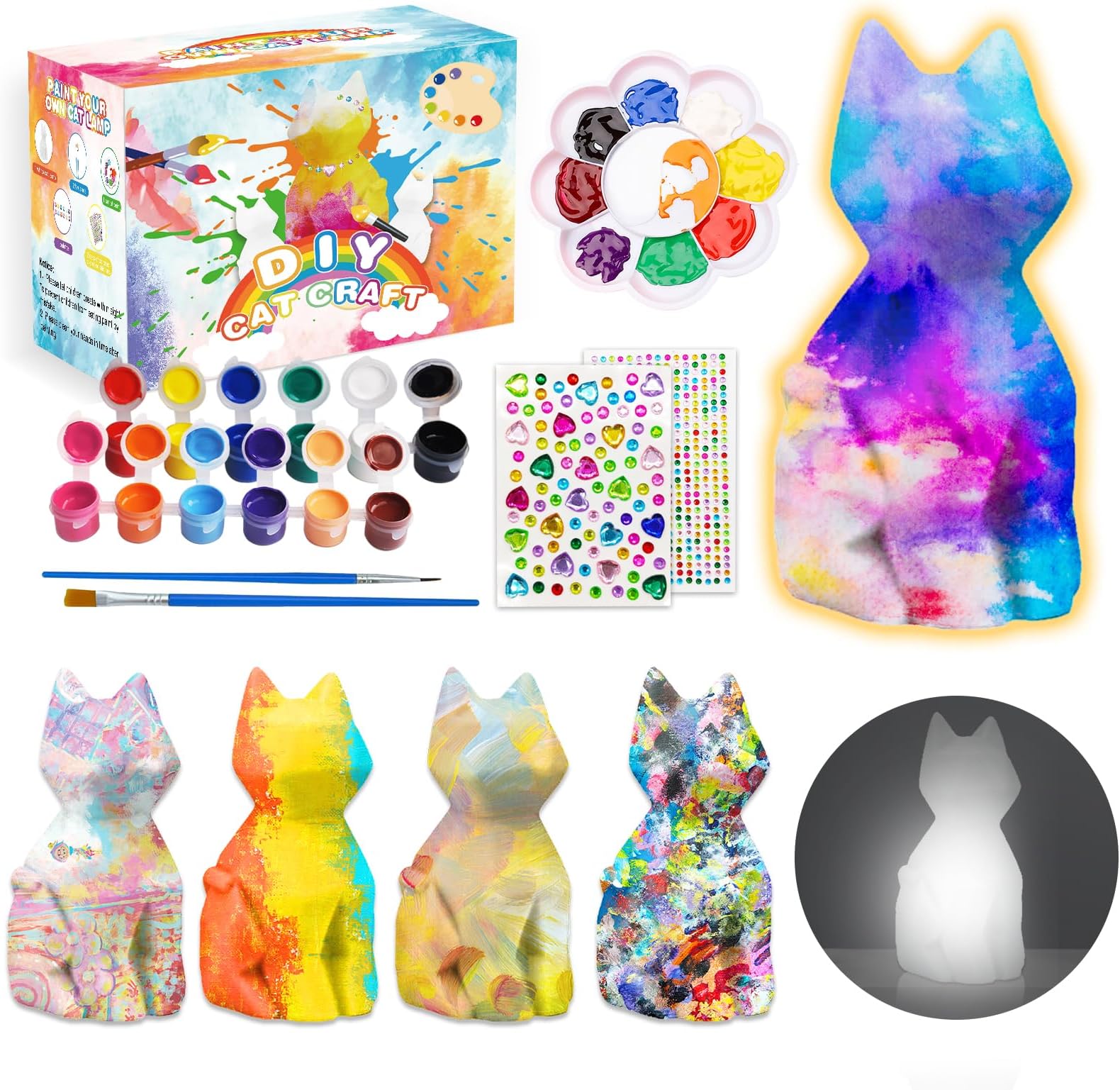 Paint Your Own Cat Lamp Art Kits Painting Arts and Crafts Projects and Supplies Cool Cat Craft Set Toys DIY Art Night Light Bedroom Decor for Kids Birthday Gifts for Teen Girls and Boys Ages 4-8 8-12