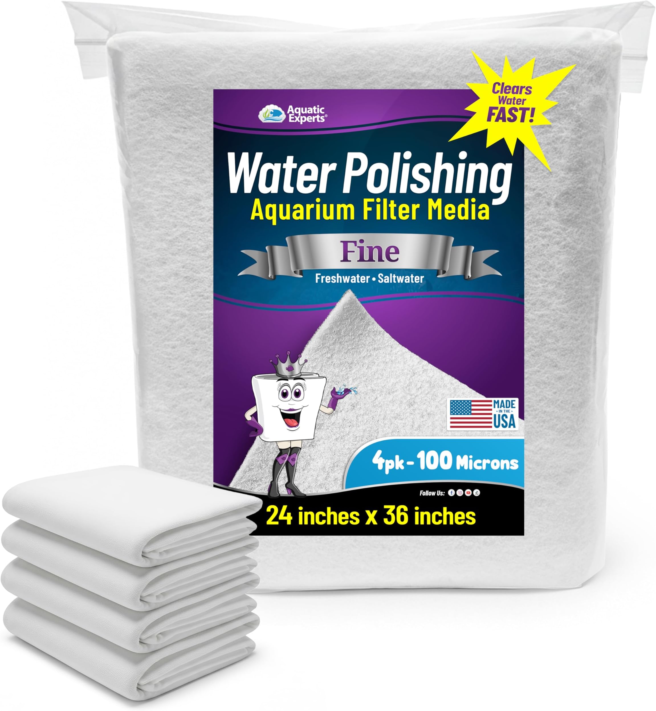 Aquatic Experts Aquarium Polishing Filter Pad, Water Polishing Pad for Aquarium Filters, Filter Floss for Fish Tank Filters, (100 Micron, 24" x 36" - 4 Pack)