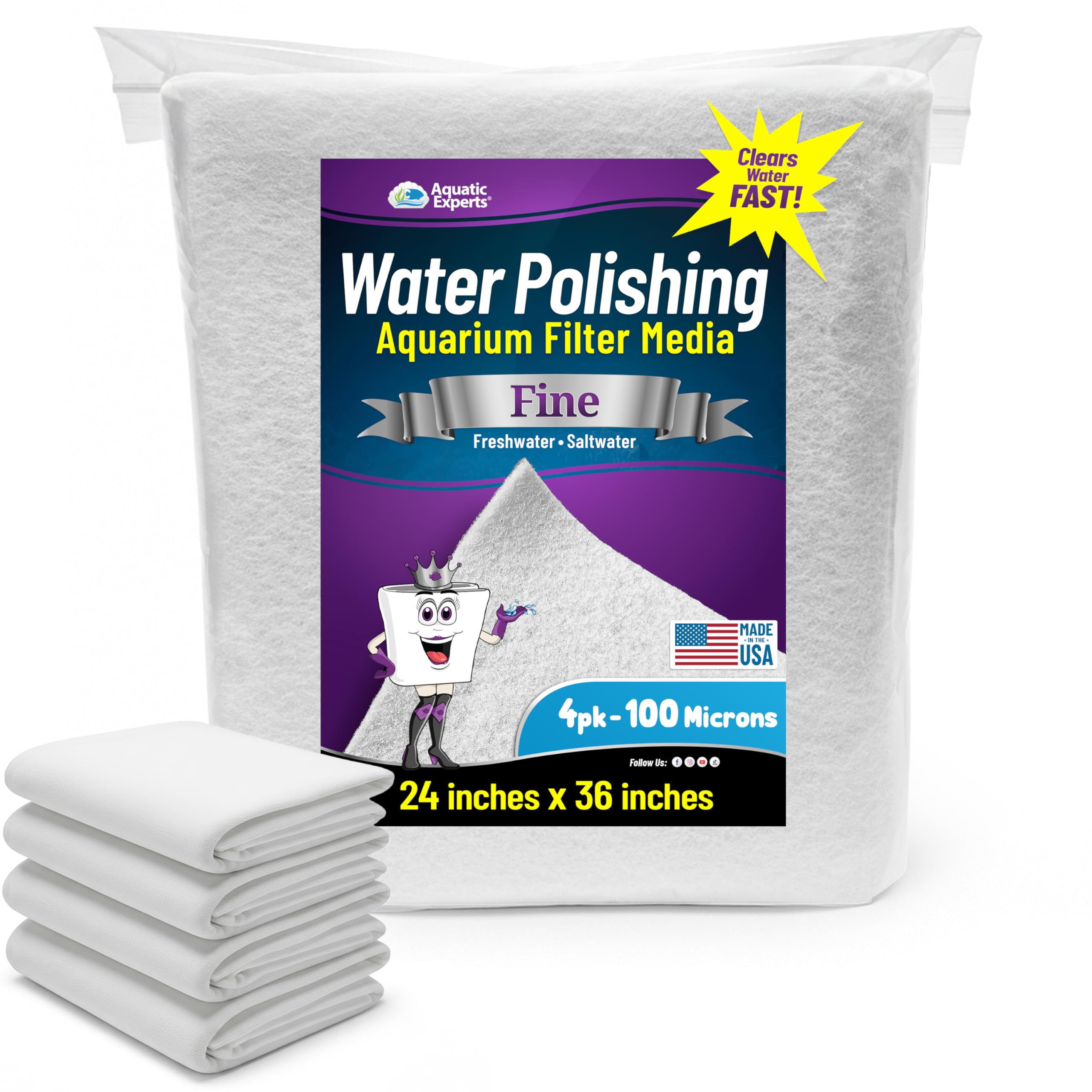 Aquatic Experts Aquarium Polishing Filter Pad, Water Polishing Pad for Aquarium Filters, Filter Floss for Fish Tank Filters, (100 Micron, 24" x 36" - 4 Pack)