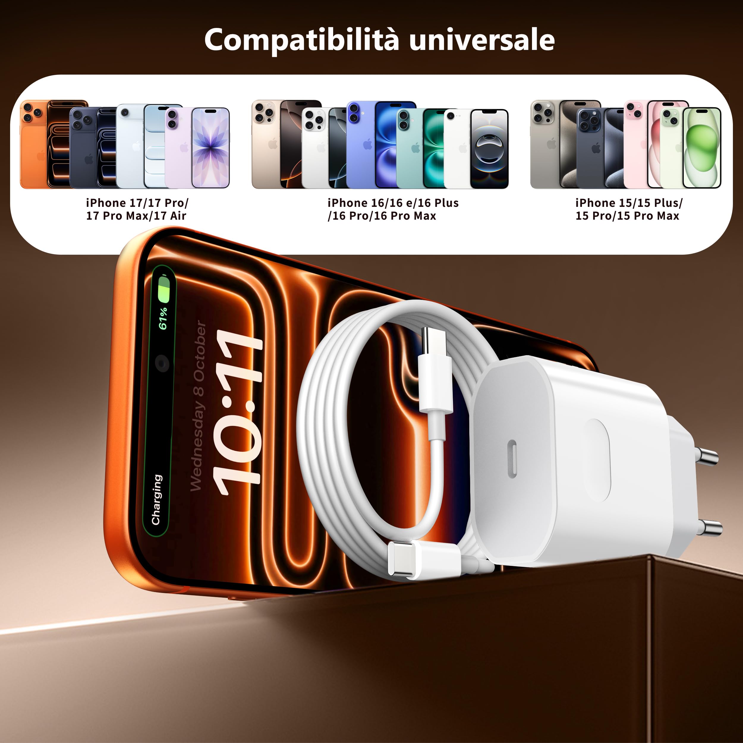 Caricatore USB C 40W per iPhone 17/17 Pro/17 Pro Max/17 Air, iPhone 16/15, USB C Caricabatterie Alimentatore Presa Spina Veloce con Cavo 2M