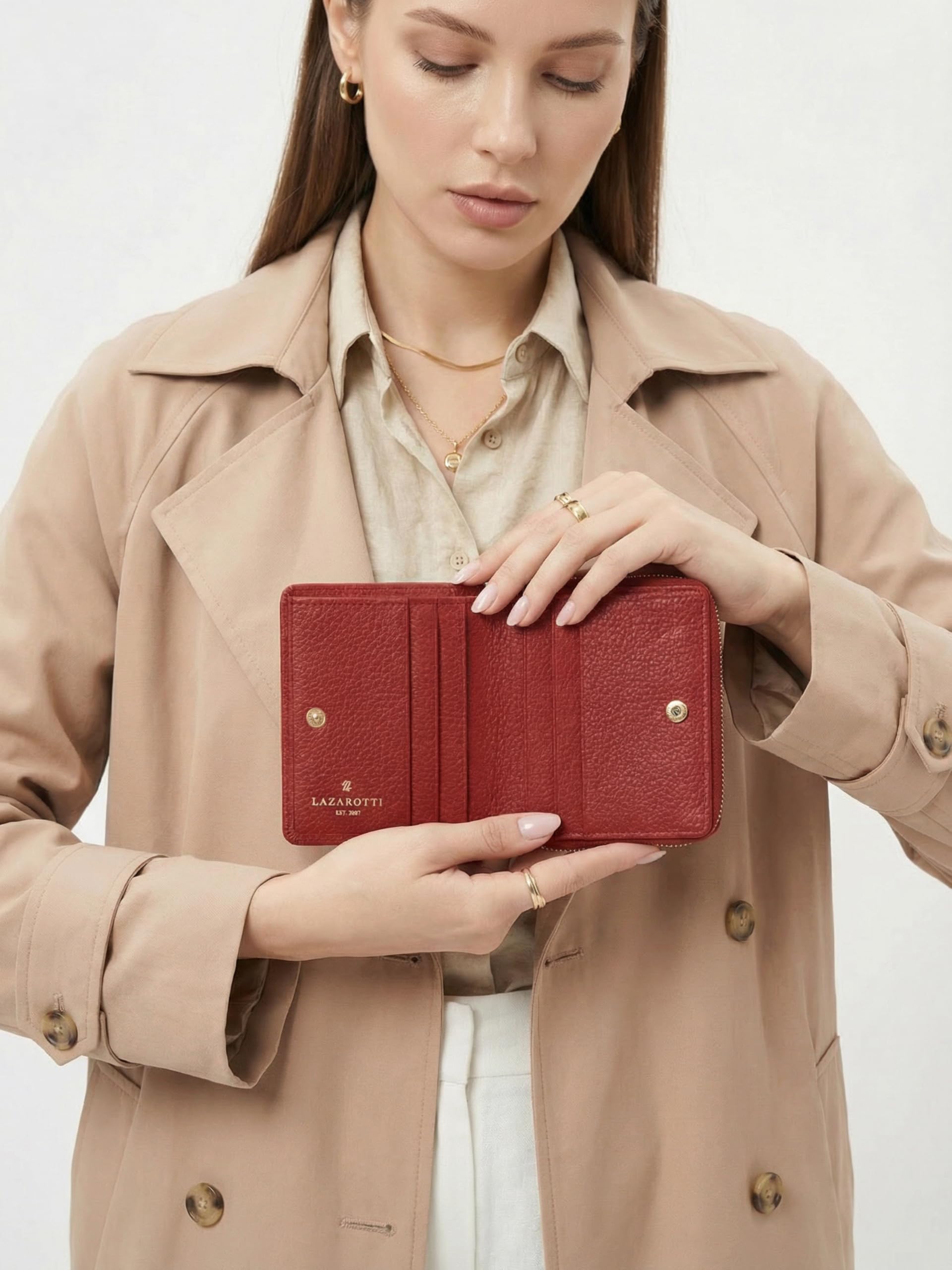 Lazarotti Bologna kompakte Leder Geldbörse Damen | mit Druckknopf, Reißverschlussfach, 6 Kartenfächer, RFID-Schutz | 10 x 10 x 2,5 cm