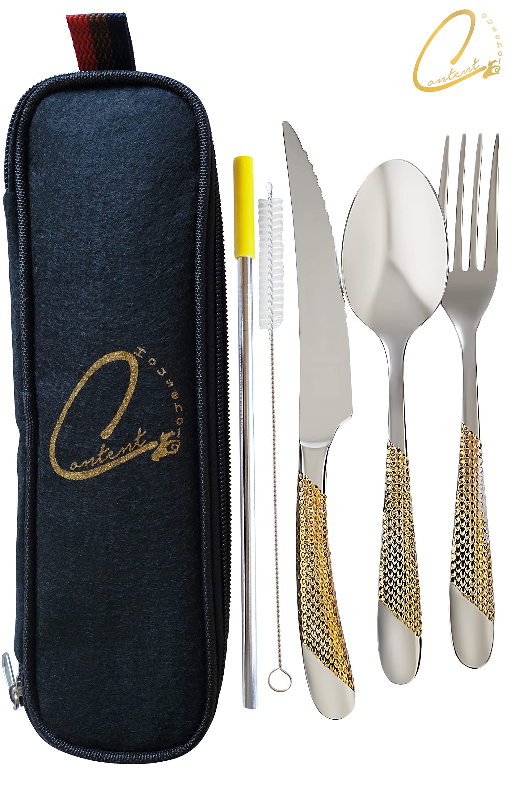 8 pieces Flatware Set, Hammered Silver & Gold 18/10 Stainless Steel, Silverware with Case, Kitchen Utensils Set, Serrated Knife, Spoon, Fork, Reusable Straw, Brush Cleaner, Titanium Plated, Food Grade