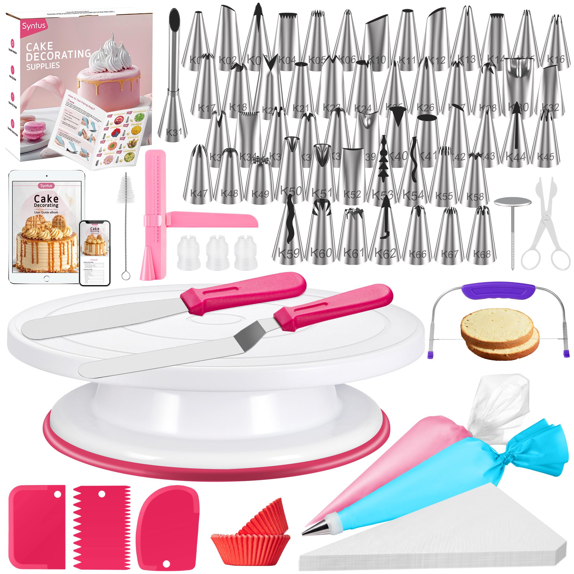 Syntus200 PCs Cake Decorating Kit With Cake Stand Turntable, Leveler, 111 Piping Bags & 55 Tips Set, Offset & Straight Spatulas, 3 Scrapers & More Baking Supplies for Cake Cupcake Decorations