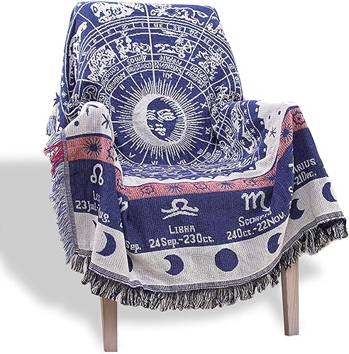 Astrology Throw BlanketBohemian Hippie Woven Witchy Zodiac Celestial Constellation Balnket for Home Decor, Double Side CoverChair Sofa Couch(Blue,