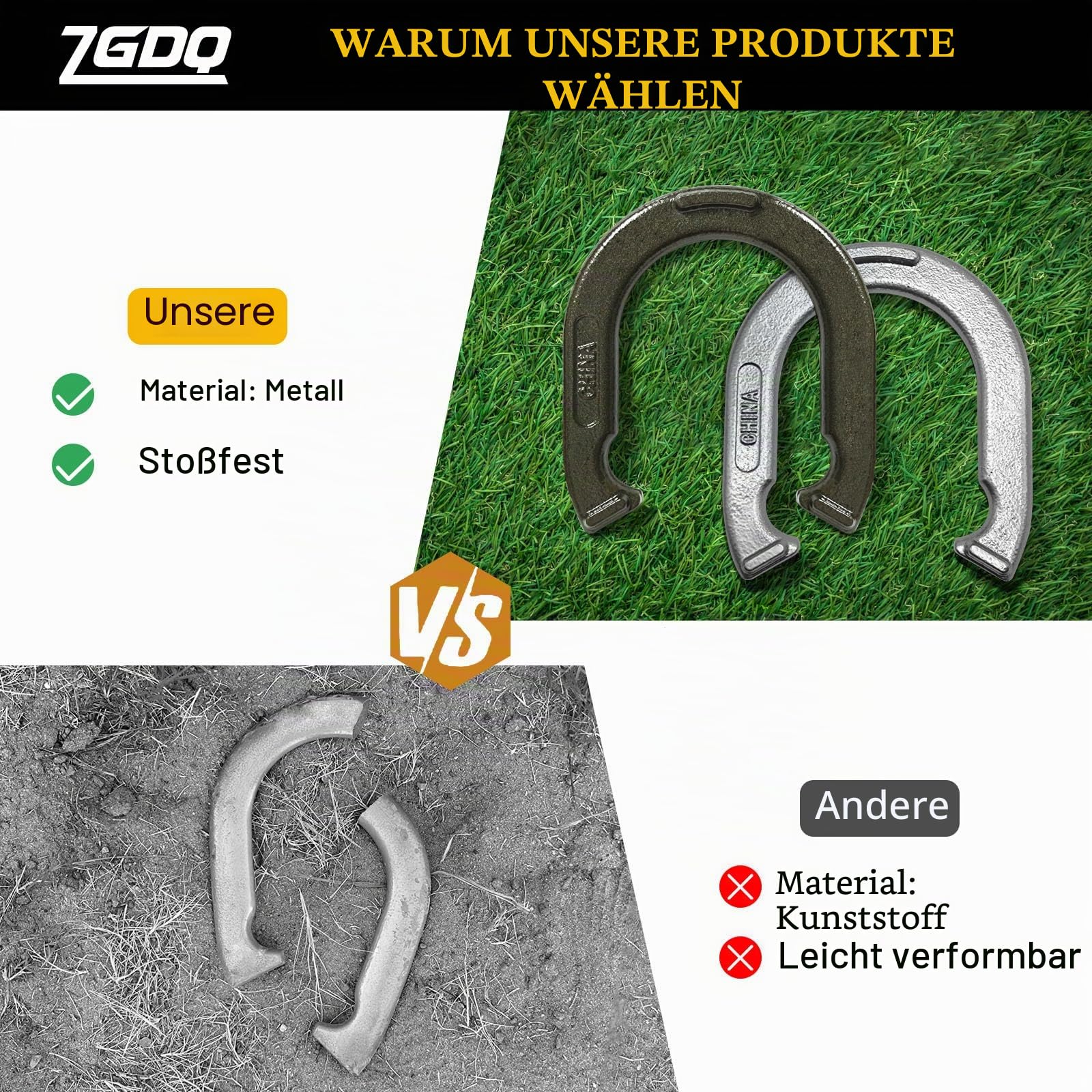 Sport Hufeisen Set, Hufeisen Outdoor Game, 4 Heavy Duty Hufeisen, 2 Stahlpfähle, Tragetasche, Legierter Stahl, Silber/Schwarz, Hufeisen Spiele Set für Partys, Strand, Hinterhof