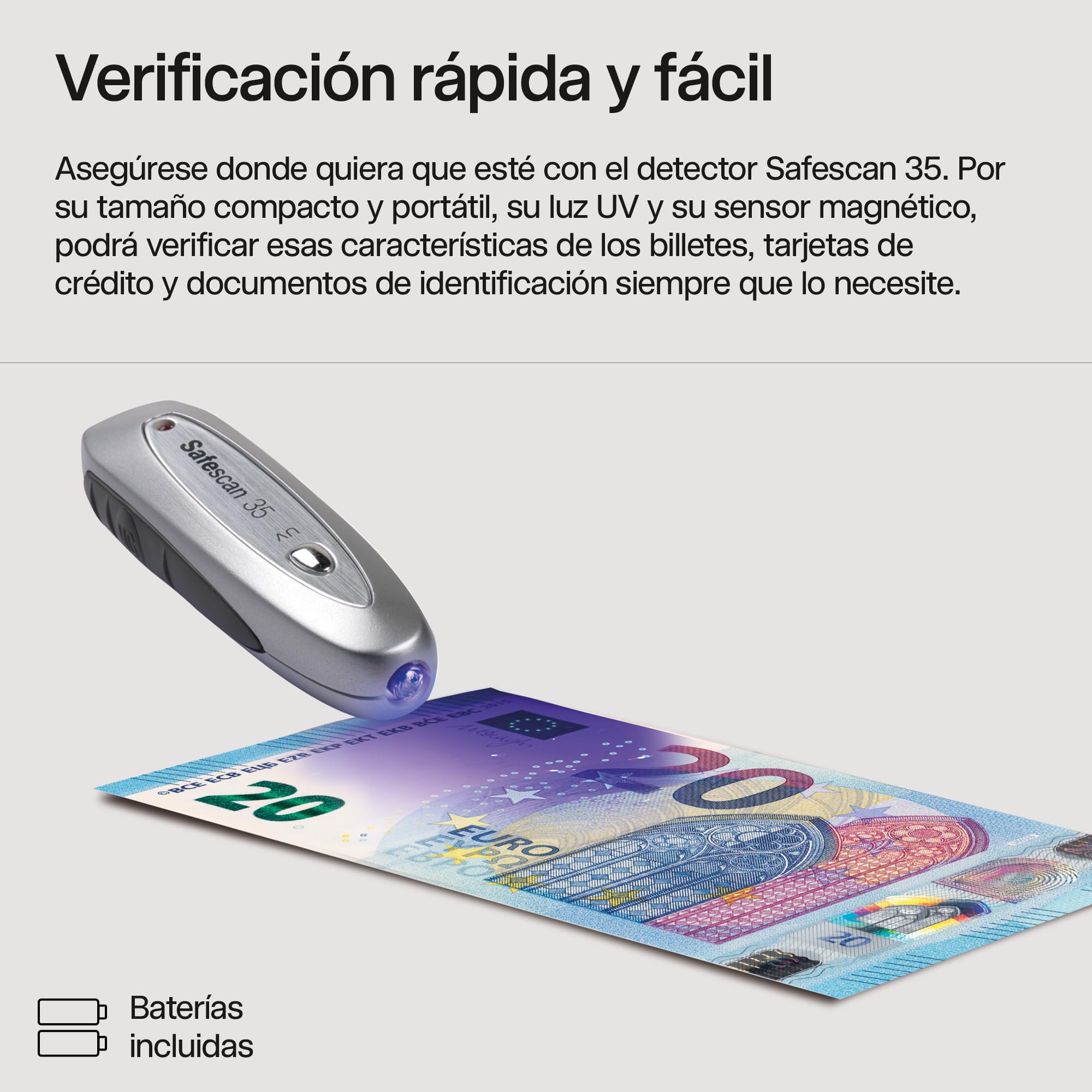 Safescan 35 Detector de billetes falsos portátil, verifica billetes, tarjetas de crédito y documentos - Detector UV para nuevos billetes - Detector billetes falsos con luz UV - Detector con luz UV