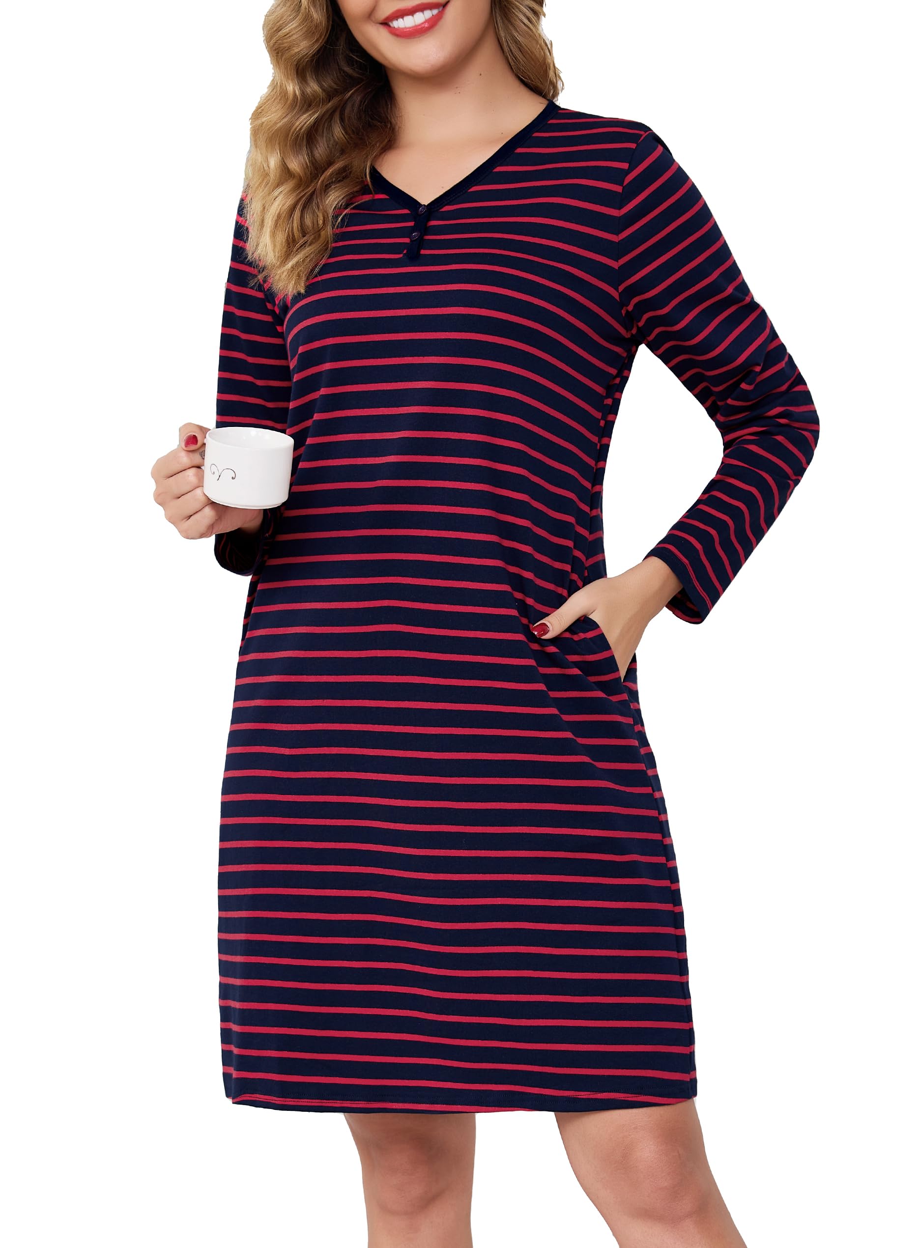 Lovasy Nachthemd Langarm Damen Baumwolle V Ausschnitt Gestreift Nachthemd mit Knöpfen Damen Winter Nachtkleid Schlafshirt mit Taschen