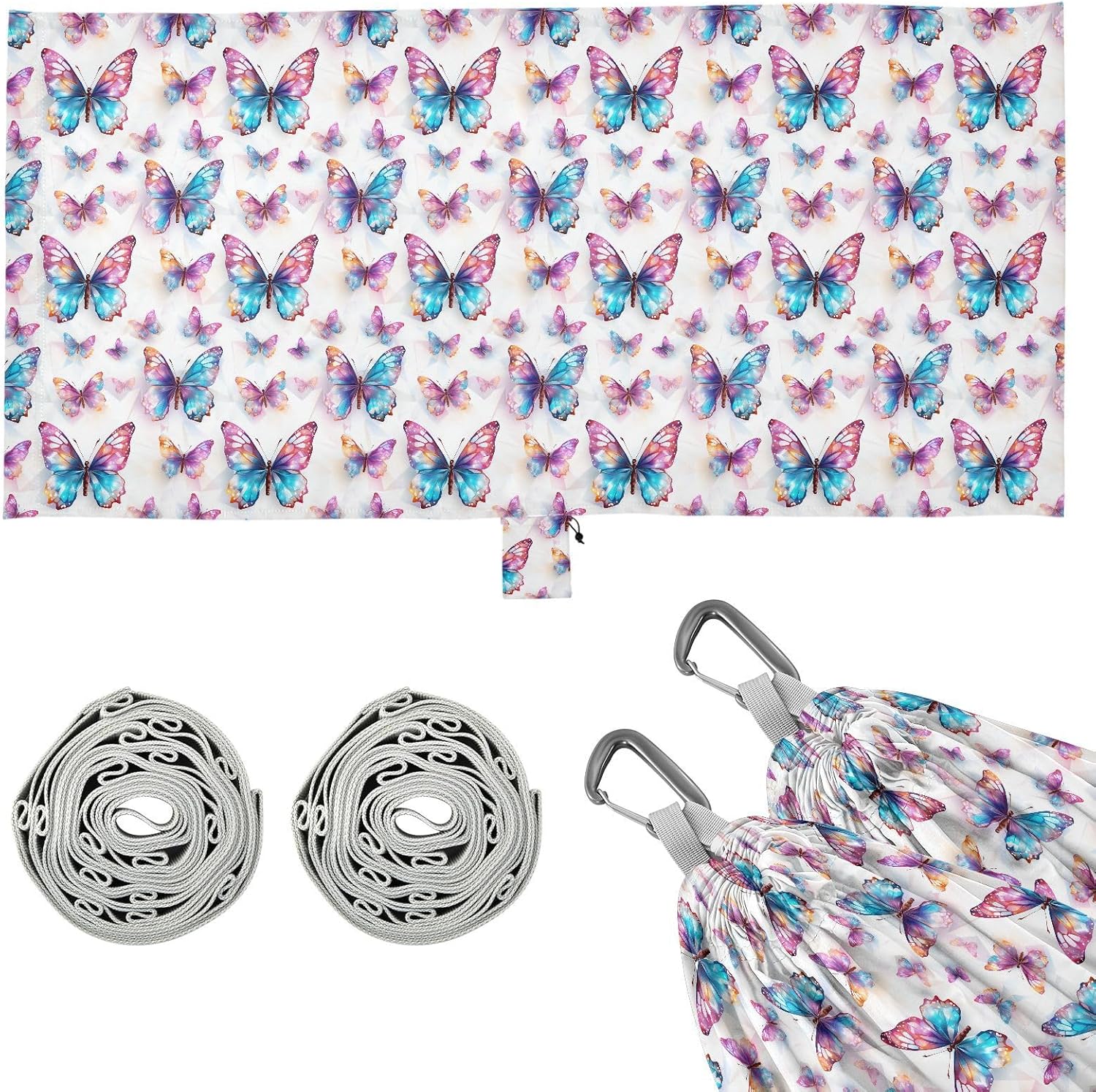 ALAZA Rainbow Butterfly Camping Hammocks Single or 2 Person 500 lbs Portable Parachute Travel Hammock w/Tree Straps for Hiking Backpacking Indoor Outdoor