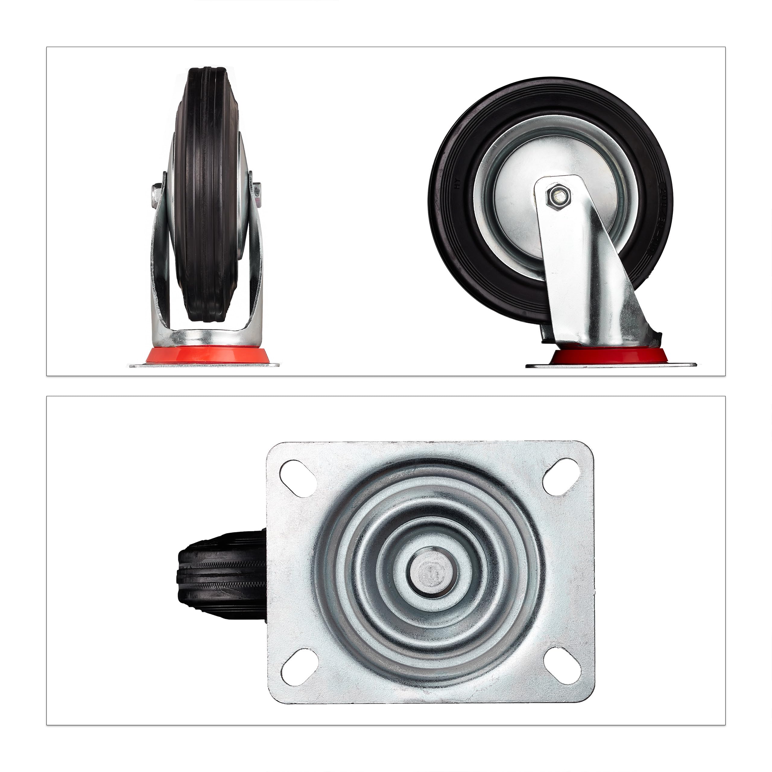 Relaxdays Roues Charge Lourde Jeu de 4, pivotent à 360°, roulement à Billes, 2 Freins, capacité 800 kg, 200 mm, Noires