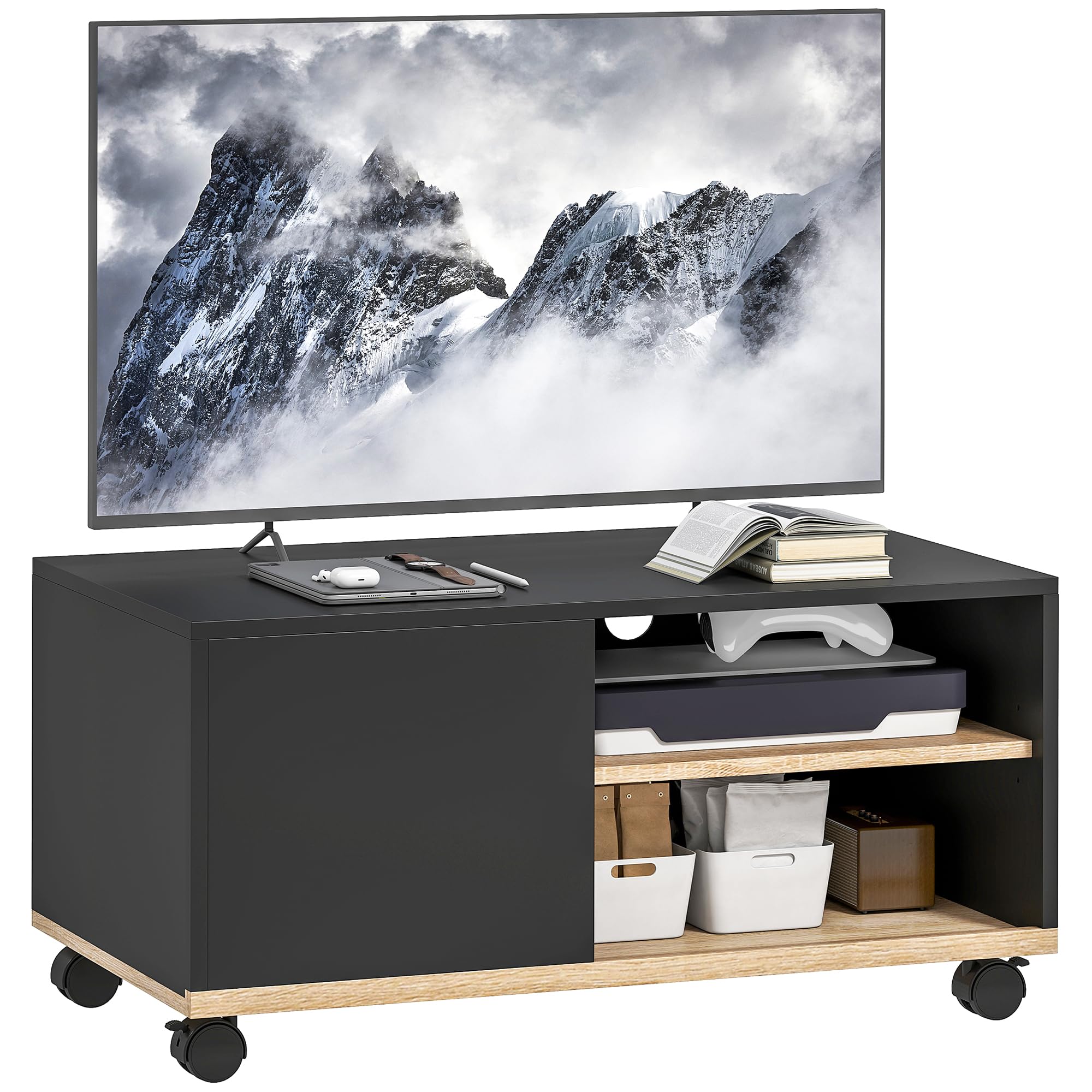 HOMCOM Meuble TV sur roulettes avec 2 Freins - 2 niches + Placard Porte 2 Passe-Fil - en Bois Noir chêne Clair