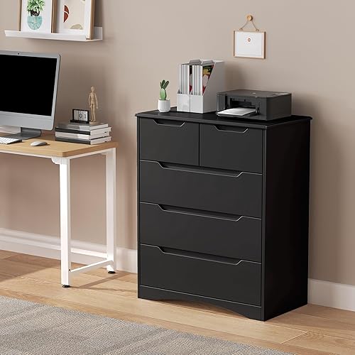 Vista 5 de Gizoon Cómoda de 5 cajones, cómoda negra para dormitorio con gran capacidad de almacenamiento, cómoda con mango integrado, dispositivo resistente
