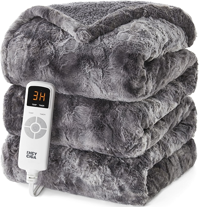 EHEYCIGA Heated Faux Fur Throw Blanket with 9 Heating Levels and Auto Off