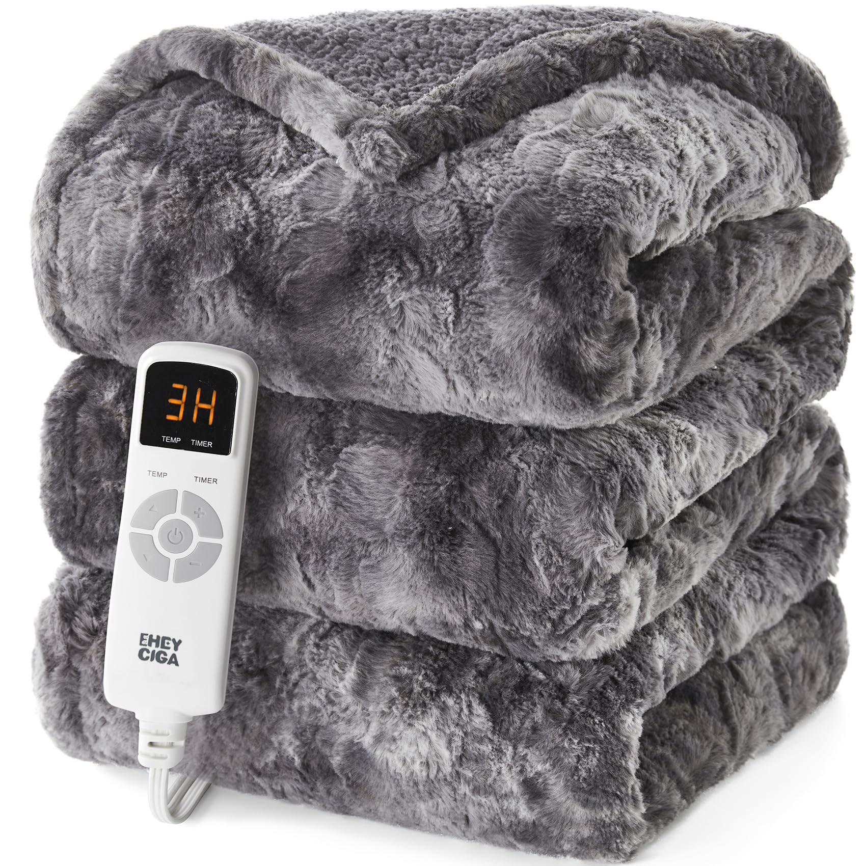 EHEYCIGA Electric Heated Blanket Full Size Faux Fur, 10 Hours Auto Shut Off 9 Heating Levels Heating Blanket, Soft Warm Heated Blanket Fast Heating Grey, Faux Fur & Sherpa