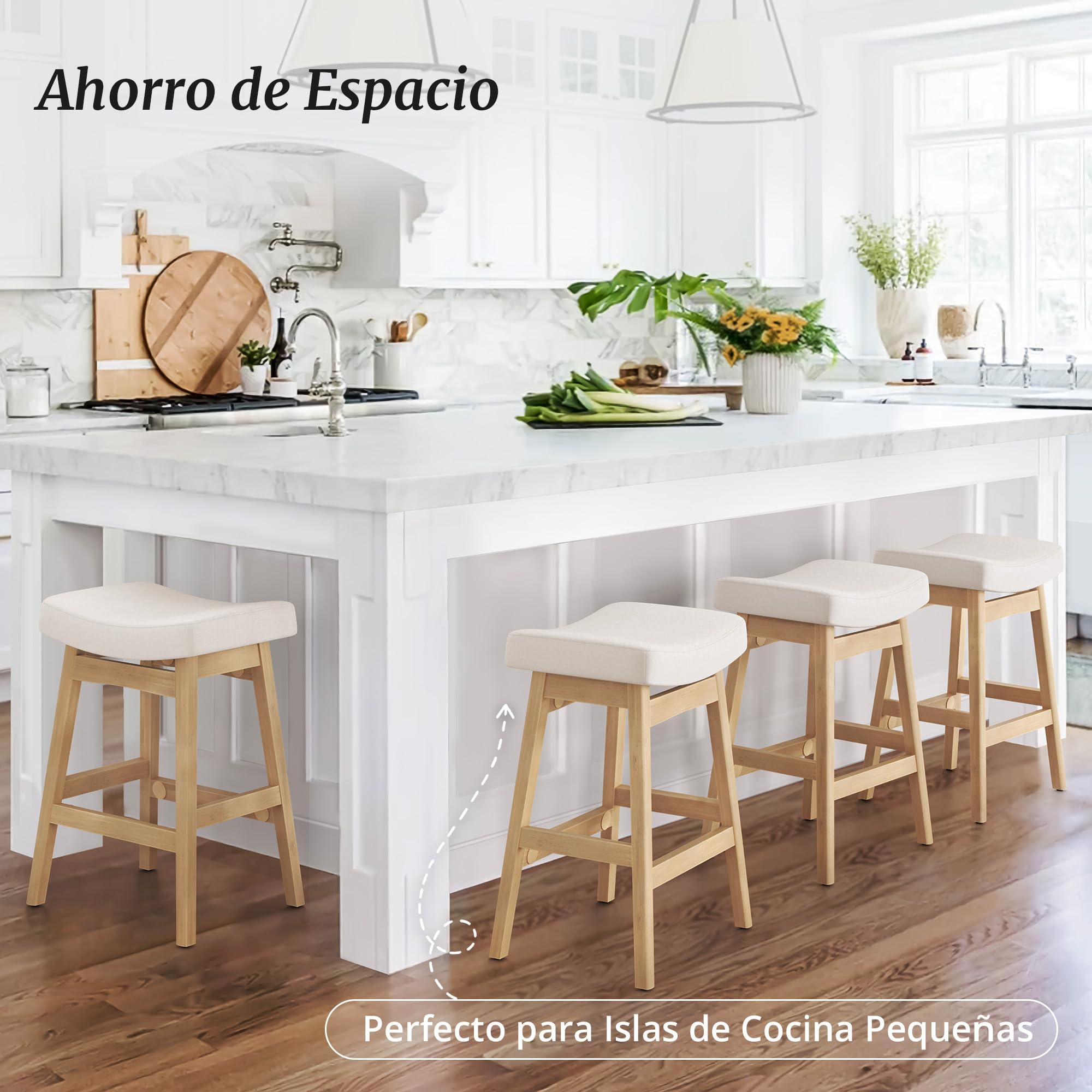 LUE BONA Juego de 2 Taburetes Altos de Cocina Madera,61cm Taburete de Bar con Reposapiés y 4 Patas de Madera,Taburetes Cocina con Tela Asiento,para Cocina,Salón,Comedor,Bar,Beige