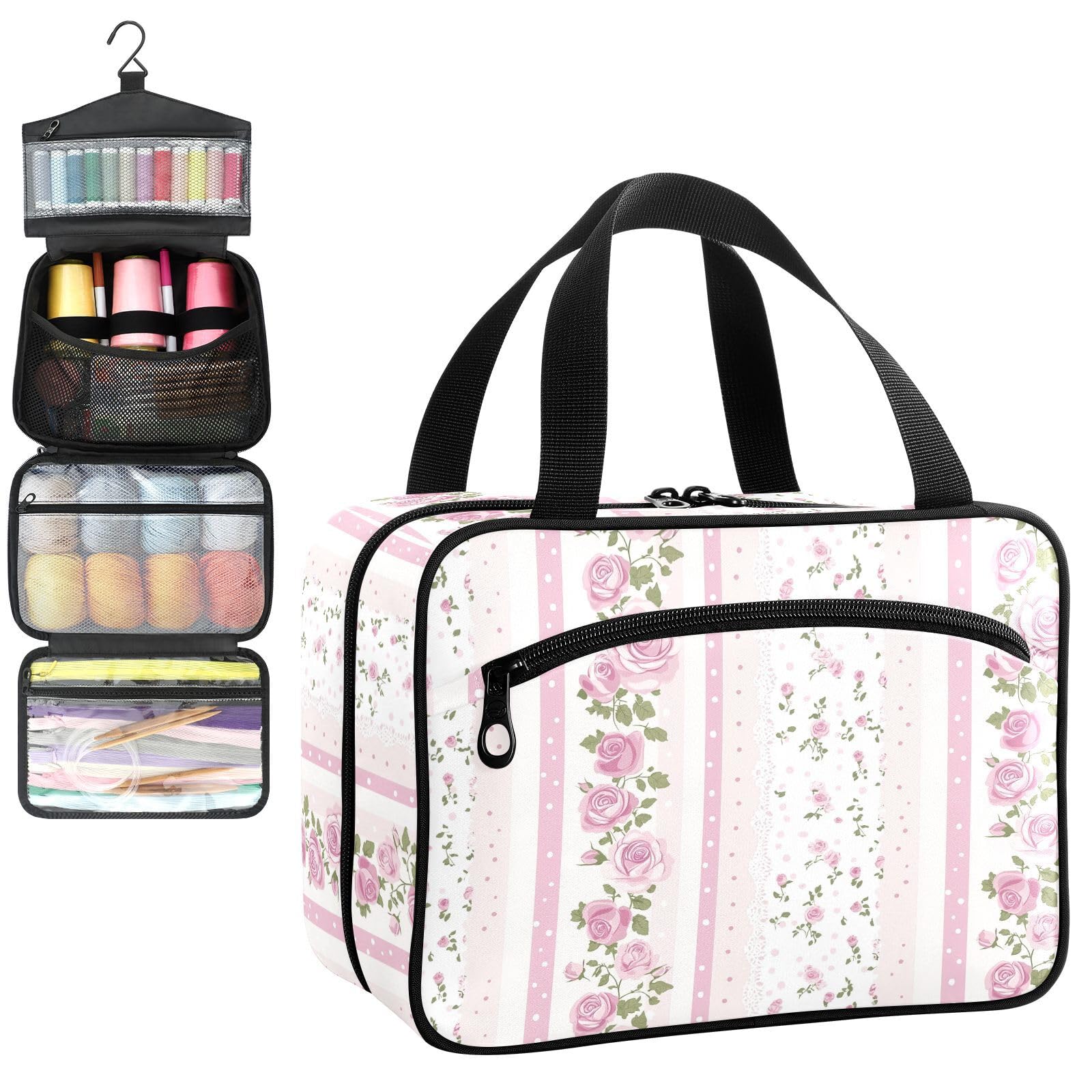 YNNALE Sewing Supply Organizer Bag, Pink and White Striped Rose Floral Portable Sewing Bags with Pockets&Hanger, Sewing Storage Box Case for Sew Supplies/Kit/Tools/Accessories (BAG ONLY)