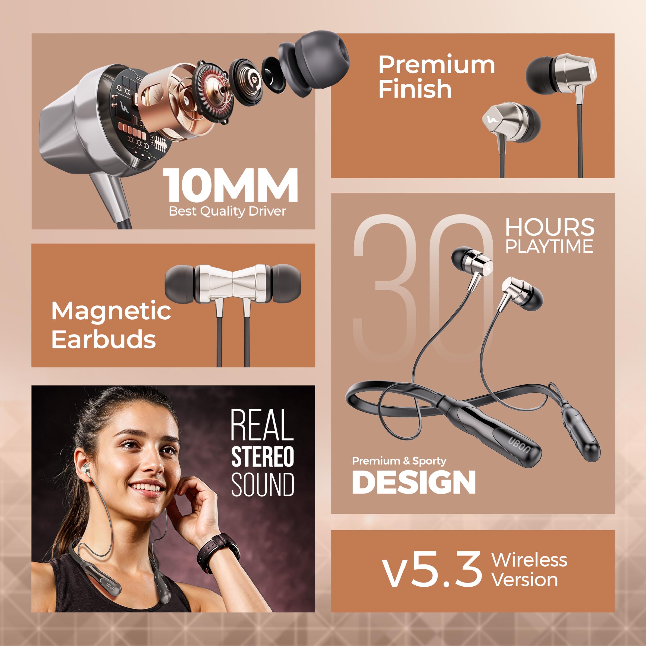 UBON U6 Series Wireless 30 Hrs Playback, Dual Pair, Fast Charge, Magnetic Buds, Bluetooth Neckband with Mic (Black) — Amazon image 2