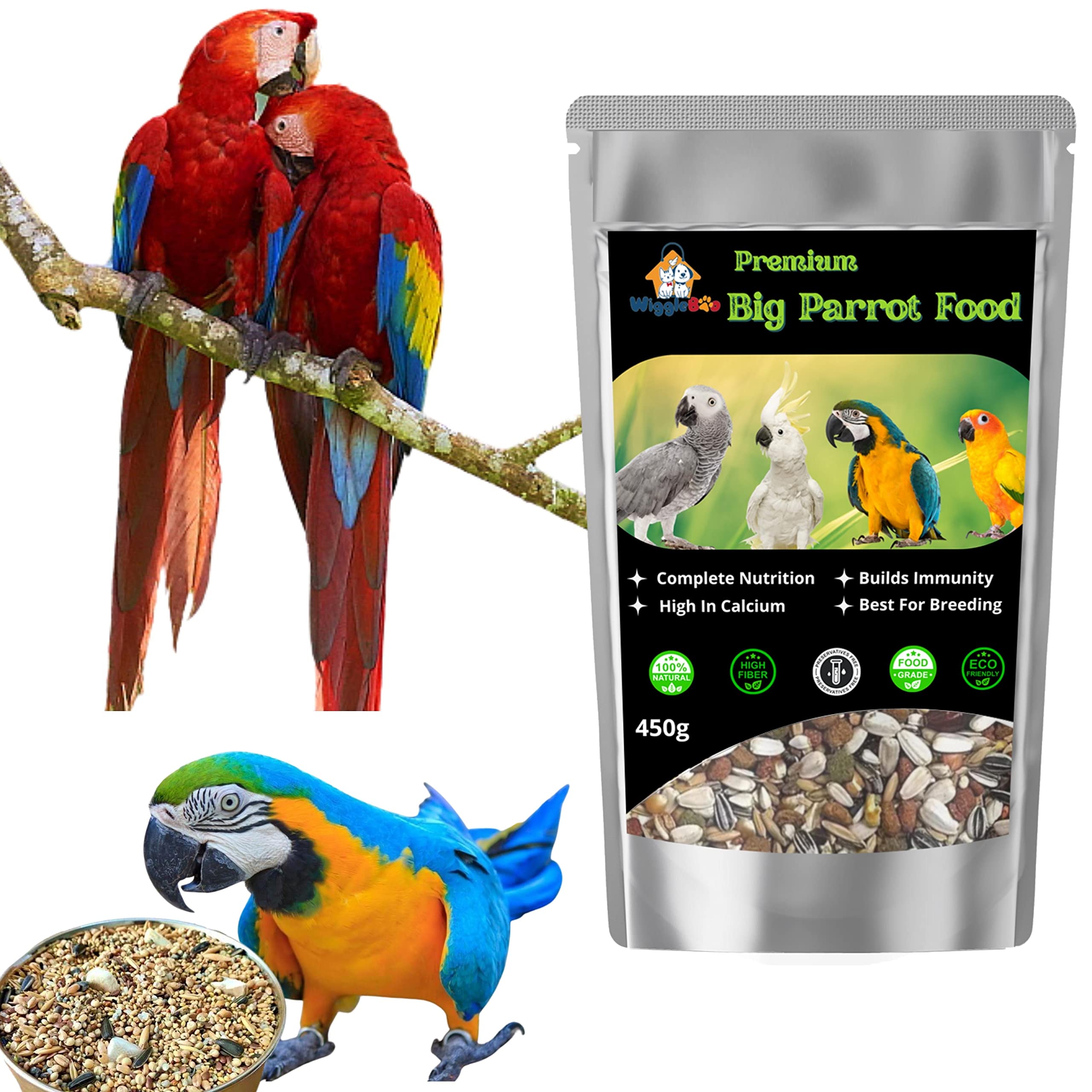 WiggleBoo Bird Food for Big Parrots, 450gm | Mix Seeds |Big Sunflower, Oats, Buckwheat, Daal, Mumphali, Red Sorghum | Premium Natural & Healthy | Daily Birds Food (B0BT16JVXX) Amazon Price History, Amazon Price Tracker