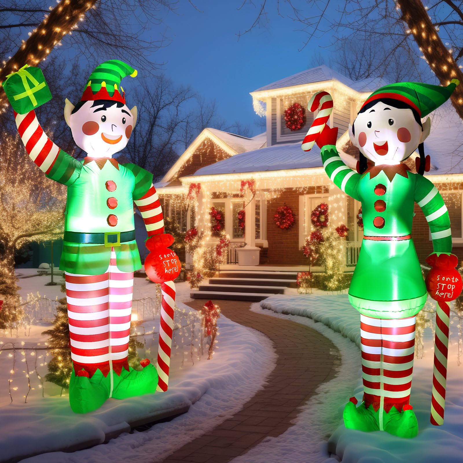 Bencailor 2 pezzi 2,4 m gonfiabili natalizi elfo decorazione esterna Natale soffiare cortile decorazione gonfiabili elfo decorazione esterna holding bastoncino di zucchero costruito in luci LED per