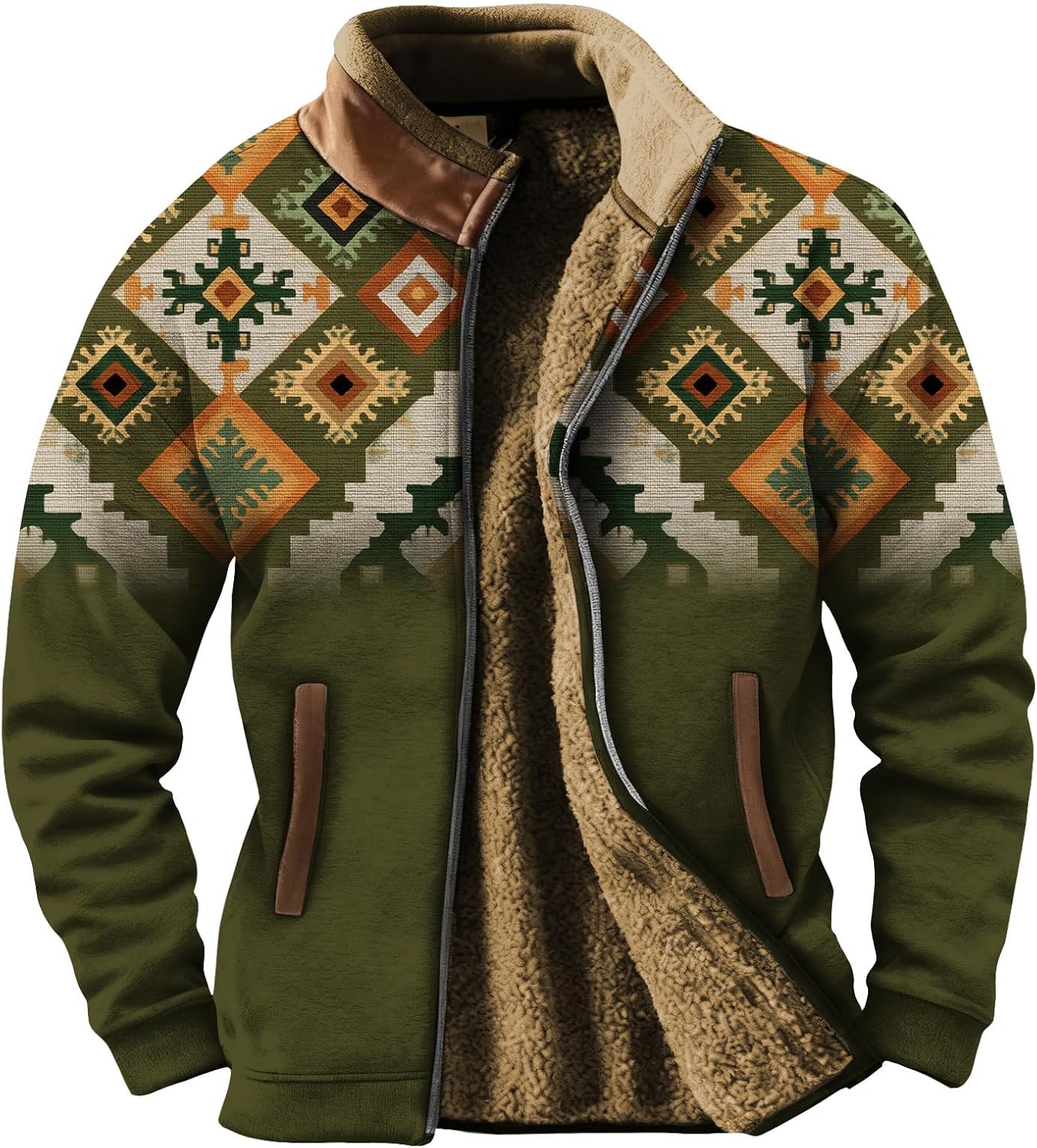 Men's Western Fleece Jacket Aztec Cowboy Vintage Print Coat Full Zipper Fall Winter Jacket Casual Warm Soft Pockets